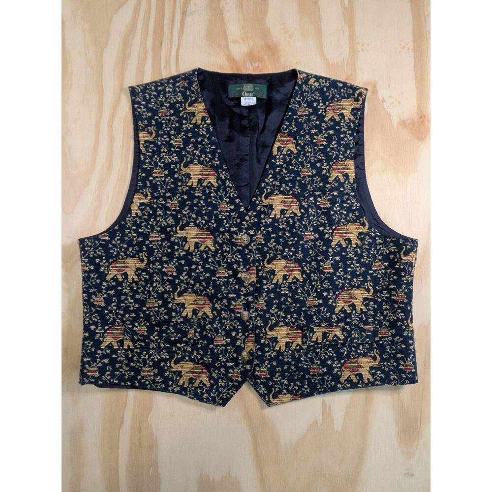 Vintage Orvis Elephant Tapestry Vest Button Front Medium Boho Retro Navy
